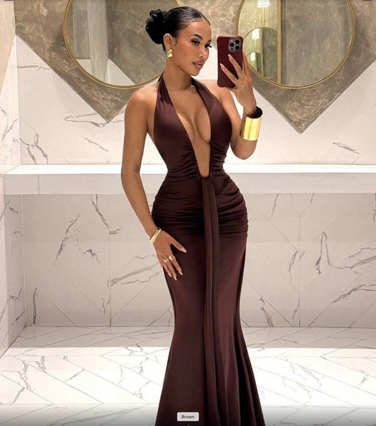 Chocolate Brown Deep V Maxi Dress