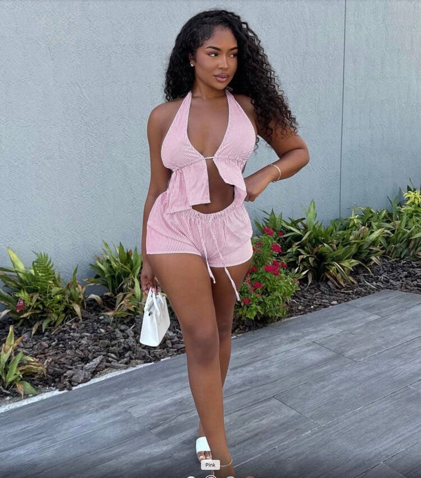 Pink ribbed halter Tie-up short set