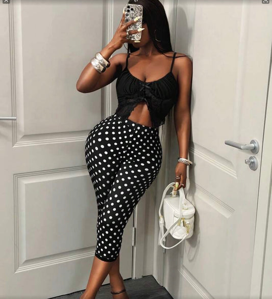 Black Polka Dot Crop Top & Capri Pants Set